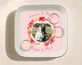 Personalized Wedding Ring Dish: Custom Photo, Names, Gold Trimmed Ceramic Keepsake