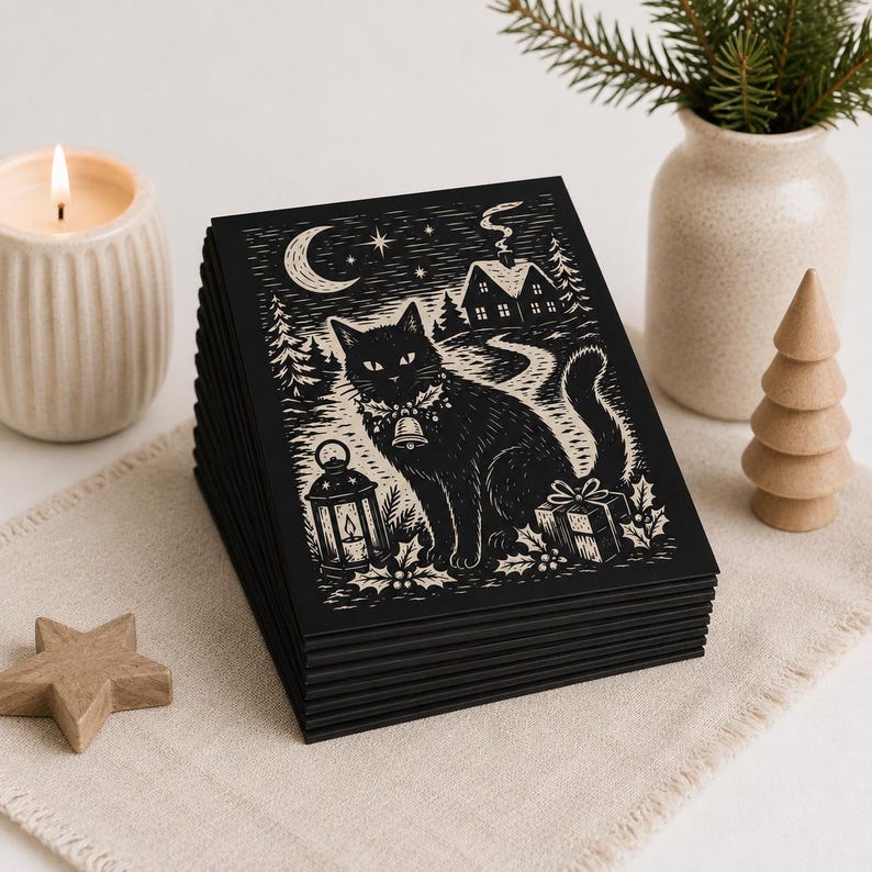 May include: A stack of rectangular greeting cards featuring a black and white linocut-style illustration of a cat wearing a bell collar, sitting near a lantern, a gift box, and holly, with a house and crescent moon in the background.