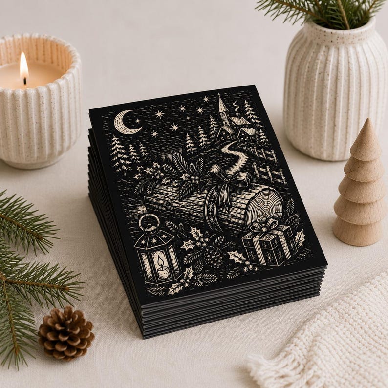 May include: A stack of rectangular greeting cards featuring a black and white linocut-style illustration of a winter scene with a yule log, a lantern, a gift box, a crescent moon, stars, pine trees, and a small house on a snowy hill.