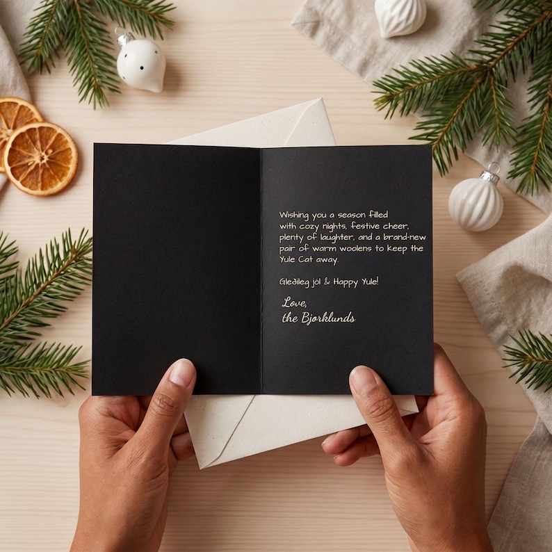May include: A black greeting card with gold text that reads: Wishing you a season filled with cozy nights, festive cheer, plenty of laughter, and a brand-new pair of warm woolens to keep the Yule Cat away. Gle&eth;ileg j&oacute;l & Happy Yule! Love, the Bjorklunds.