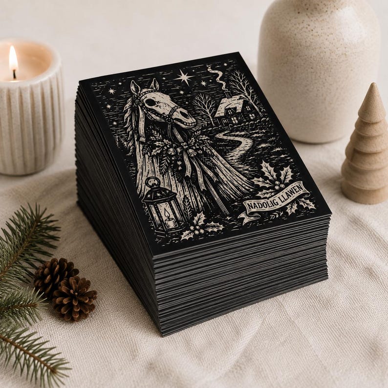 May include: A stack of rectangular black cards featuring a white line art illustration of a horse skull adorned with holly, a lantern, a cottage, and stars. A banner at the bottom right corner contains the text NADOLIG LLAWEN in white capital letters.