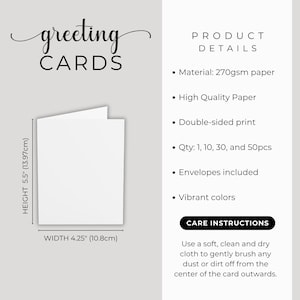 May include: A white folded greeting card with dimensions of 5.5 inches by 4.25 inches. Product details include 270gsm paper, double-sided print, and included envelopes. Quantities are 1, 10, 30, and 50 pieces. Care instructions specify using a soft cloth.
