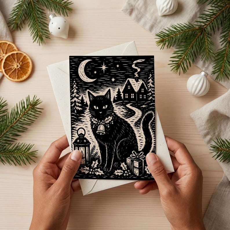 May include: A rectangular greeting card featuring a black and white linocut-style illustration of a black cat wearing a bell collar, sitting near a lantern, a gift box, and holly, with a crescent moon, stars, and a house in the background.