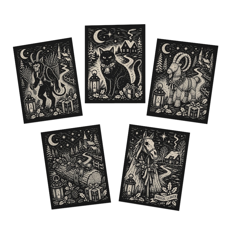 Yule Greeting Card Set Nordic Christmas Cards Krampus Mari Lwyd Yule Cat Yule Goat Hygge Holiday Cards Personalized Multi-Design 5-Pack Multi Design