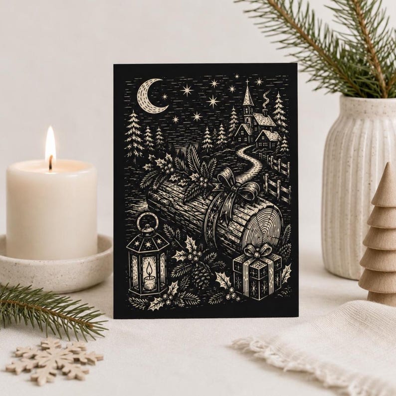 May include: A rectangular greeting card featuring a black and white woodcut-style illustration of a winter scene with a crescent moon, stars, a church, a log with a bow, a lantern, a gift box, and holly leaves against a dark background.
