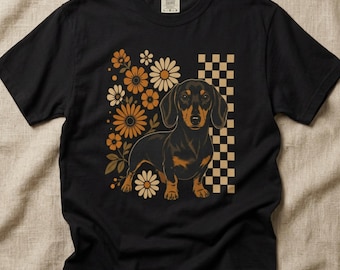 Retro Dachshund Shirt Comfort Colors Dog Mom Gift Cute Wiener Dog Floral Tee Vintage Doxie Lover Shirt Checkerboard Bestie Gift