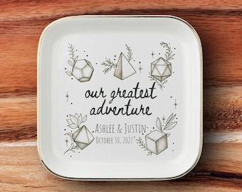 Personalized Nerdy Couple Gift Wedding Ring Dish TTRPG Newlywed Fantasy Jewelry Tray Game Master Present Custom Names Anniversary Keepsake