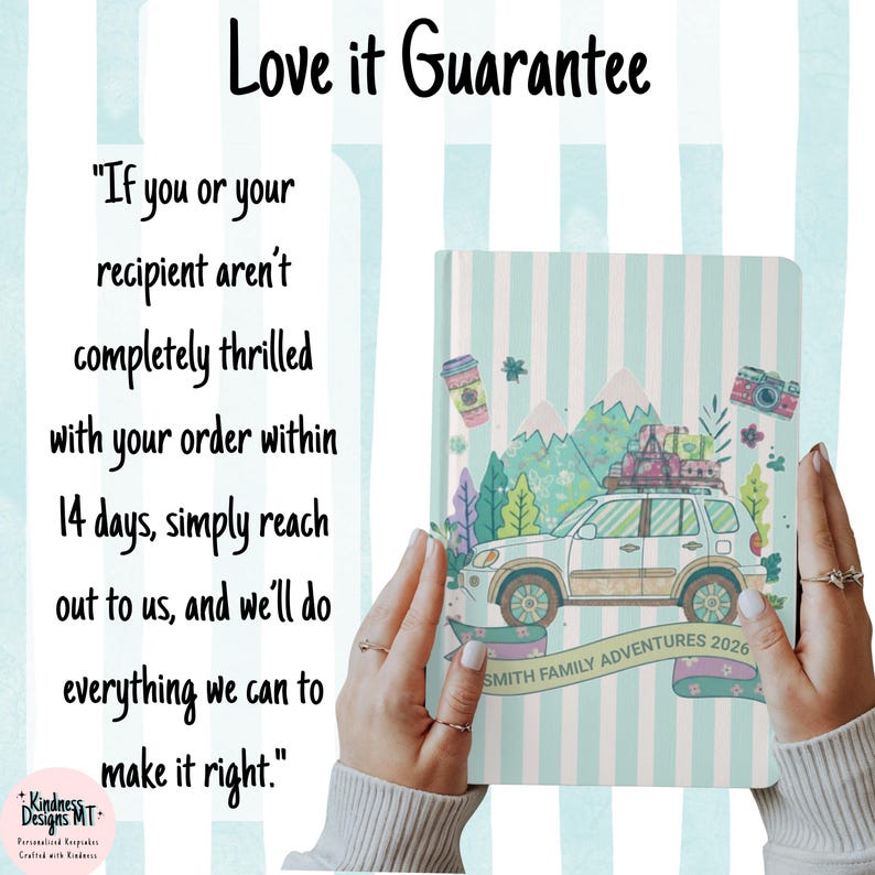 May include: A hardcover journal with a light blue and white striped cover featuring a graphic of a car with luggage on the roof, mountains, trees, and a camera. The text reads Smith Family Adventures 2026 and Love it Guarantee with return policy.