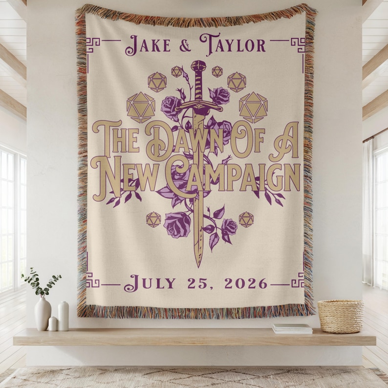 Custom Purple Nerdy Wedding Anniversary Gift Gamer Couple Woven Blanket Sword Dice Nerdy Decor Couples Gift Fantasy Marriage Gift Throw Bard