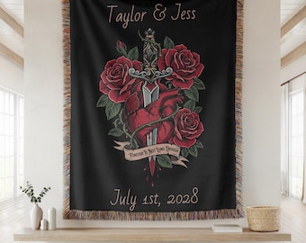 Personalized Alternative Wedding Blanket Gothic Wedding Gift for Couple Custom Newlywed Gift Heart Dagger Woven Blanket Til Death Do Us Part