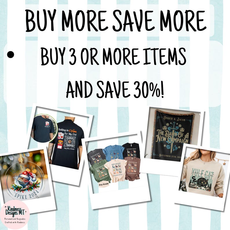 May include: A promotional graphic featuring the text BUY MORE SAVE MORE BUY 3 OR MORE ITEMS AND SAVE 30% above several product photos including a round ornament, black t-shirts with Vegas graphics, various colored t-shirts, a wall tapestry, and a sweatshirt.