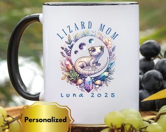 Taza personalizada de gecko crestado, linda taza de café de lagarto, divertido regalo de reptil para mamá gecko o mejor amiga, Navidad, cumpleaños, amante de las mascotas, compañero de trabajo de 15 oz