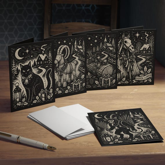 Yule Greeting Card Set Nordic Christmas Cards Krampus Mari Lwyd Yule Cat Yule Goat Hygge Holiday Cards Personalized Multi-Design