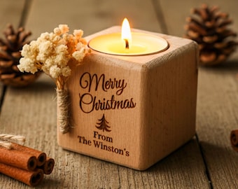 Personalized Christmas Candle Gifts, Custom Engraved Wooden Candles, Coworker Gift, Holiday Favors, Christmas Gifts, Rustic Holiday Favors