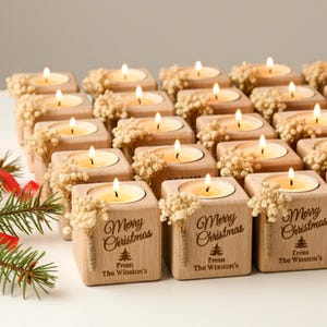 Christmas Candle Favors, Custom Coworker Favors in Bulk, Holiday Thank You Gift, Rustic Holiday Favor, Engraved Tealight Holder, Xmas Gifts