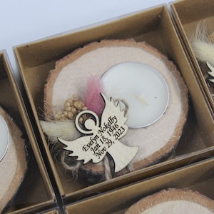 Personalized 90 pcs Memorial Candle Favors: Wood Slice Tealight, Dried Flowers