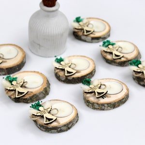 Personalized Memorial Tealight Favors: Wood Slice, Dried Flowers