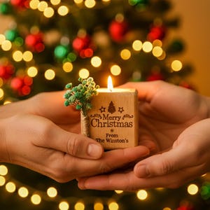 Christmas Candle Favors, Custom Coworker Favors in Bulk, Holiday Thank You Gift, Rustic Holiday Favor, Engraved Tealight Holder, Xmas Gifts image 6