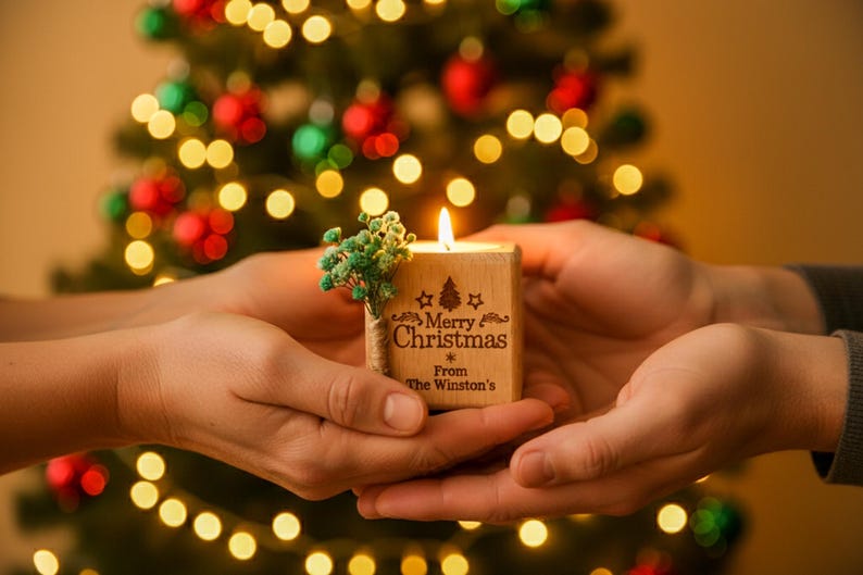 Christmas Candle Favors, Custom Coworker Favors in Bulk, Holiday Thank You Gift, Rustic Holiday Favor, Engraved Tealight Holder, Xmas Gifts image 6