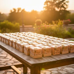 May include: A wooden table displays numerous small, square boxes with clear tops, each adorned with a sprig of dried flowers. The boxes are arranged in neat rows, likely wedding favors, with a warm, natural light illuminating the scene.