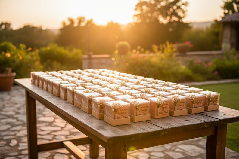 May include: A wooden table displays numerous small, square boxes with clear tops, each adorned with a sprig of dried flowers. The boxes are arranged in neat rows, likely wedding favors, with a warm, natural light illuminating the scene.