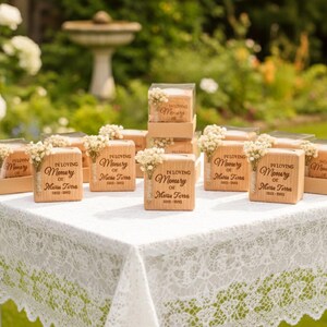 May include: Wooden memorial favors with the text "In Loving Memory of Maria Torres 1935-2023" are displayed on a white lace-covered table. Each favor is topped with small white flowers and presented in a clear box.