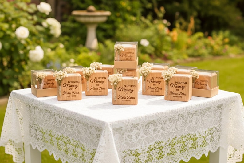 May include: Wooden memorial favors with the text "In Loving Memory of Maria Torres 1935-2023" are displayed on a white lace-covered table. Each favor is topped with small white flowers and presented in a clear box.
