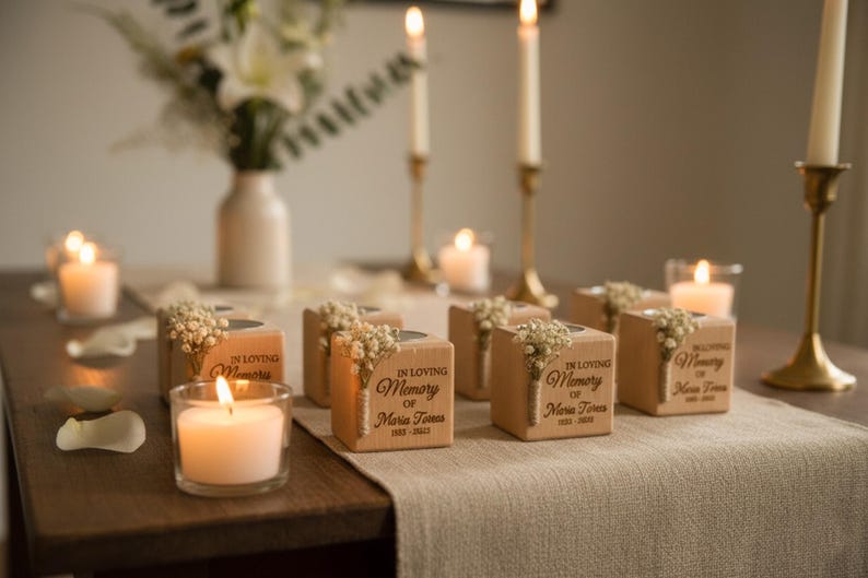 May include: A memorial table setting with lit candles, votives, and floral arrangements. Wooden blocks with the inscription "In Loving Memory" are adorned with small flowers. Tall candlesticks and a vase of flowers are in the background.