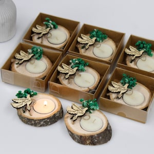 90 Pcs Personalized Memorial Tealight Favors: Wood Candle Holder, Dried Flowers