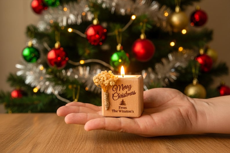 Christmas Candle Favors, Custom Coworker Favors in Bulk, Holiday Thank You Gift, Rustic Holiday Favor, Engraved Tealight Holder, Xmas Gifts image 8