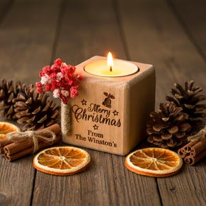 Christmas Candle Favors, Custom Coworker Favors in Bulk, Holiday Thank You Gift, Rustic Holiday Favor, Engraved Tealight Holder, Xmas Gifts image 2