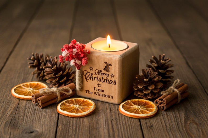 Christmas Candle Favors, Custom Coworker Favors in Bulk, Holiday Thank You Gift, Rustic Holiday Favor, Engraved Tealight Holder, Xmas Gifts image 2