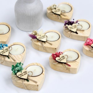 70 Pcs Personalized Wedding Candle Favors: Rustic Heart Tealight Holders with Dried Flowers