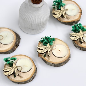 Personalized Memorial Candle Favors: Wood Tealight Holders with Dried Flowers