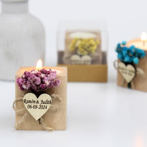 Personalized Wedding Favor Candle: Rustic Dried Flower Tealight