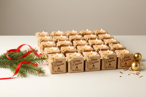 Christmas Candle Favors, Custom Coworker Favors in Bulk, Holiday Thank You Gift, Rustic Holiday Favor, Engraved Tealight Holder, Xmas Gifts