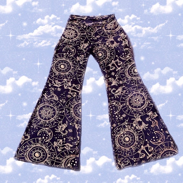 Handmade Flare Pants Whimsigoth Clothing for Hippie Boho and Gothic Style Zodiac Fabric for Astrology Lover Outfit Witchcore Inspo