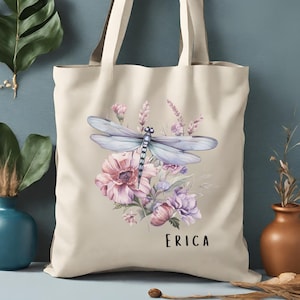 Personalized Dragonfly Tote Bag, Personalized Floral Tote, Custom Name Tote Bag, Library Bag, Farmer's Market Bag, Reusable Shopping Bag