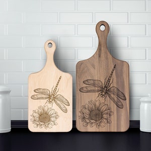 Laser Engraved Dragonfly Sunflower Cutting Board, Nature Charcuterie Board, American Made, Housewarming Gift, Gardener Gift, Dragonfly Lover