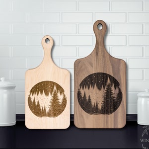 Forest Pine Tree Winter Scene Paddle Cutting Board, Christmas Charcuterie Board, Winter Kitchen Decor, Holiday Cutting Board, Gift for Mom