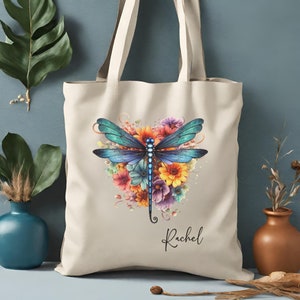 Personalized Dragonfly Tote Bag, Custom Floral Dragonfly Bag, Personalized Gift, Library Bag, Farmer's Market Bag, Reusable Shopping Bag