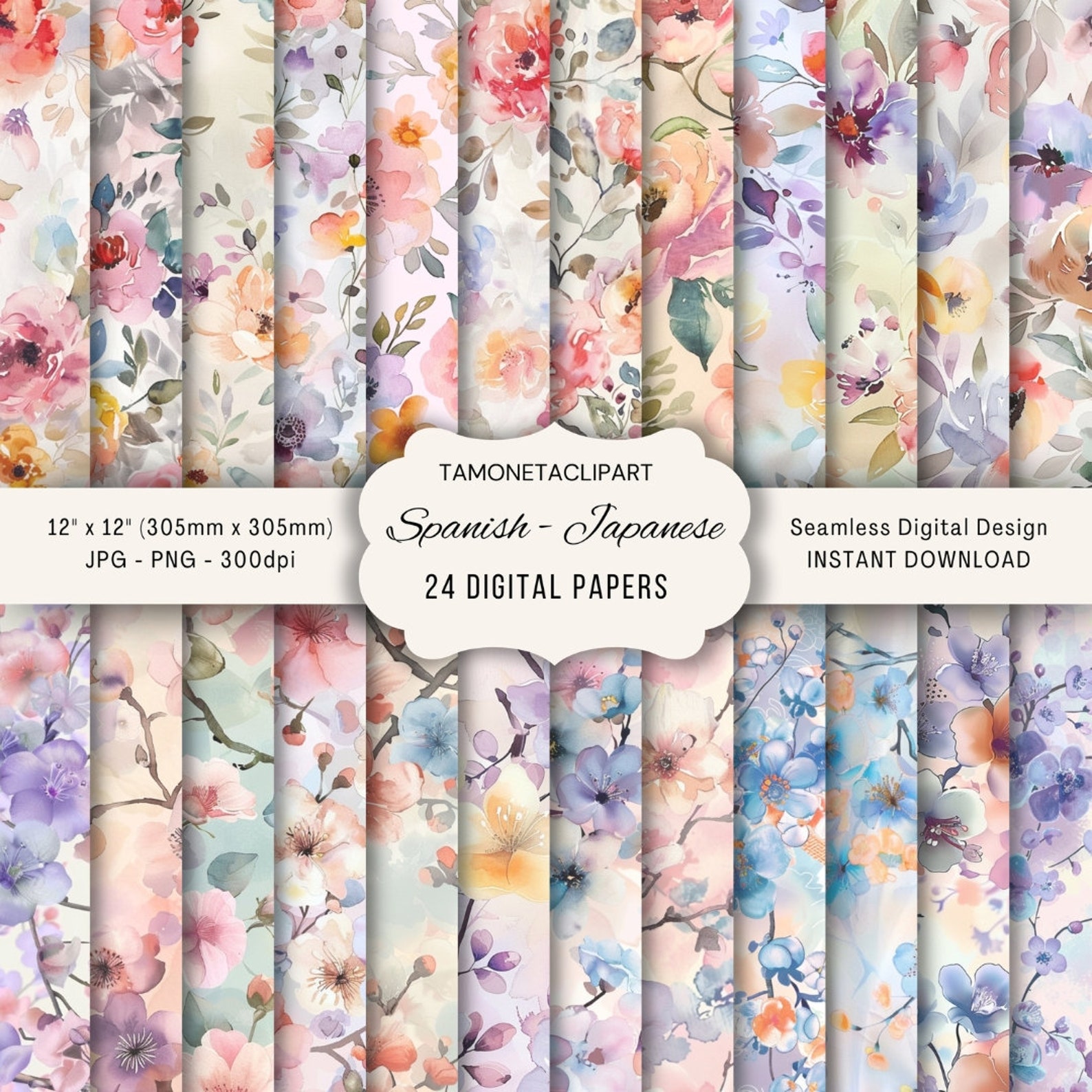 24 Spanish-japanese Floral Seamless Digital Papers, Spring Flowers ...