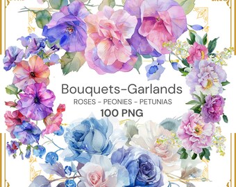 100 PNG Bouquets and Garland, Watercolor,Transparent Background, , Roses, Peonies and Petunias, Clipart Commercial use, Wedding Clipart.