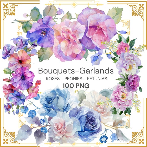 100 PNG Bouquets and Garland, Watercolor,Transparent Background, , Roses, Peonies and Petunias, Clipart Commercial use, Wedding Clipart.