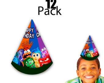 インサイド・アウト2 子供用バースデーパーティーハット - 12個パック - 名前と年齢をカスタマイズ可能 | インサイド・アウト2 バースデーパーティー用品と記念品