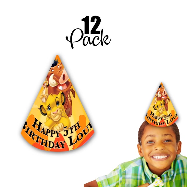 Lion King Birthday Party Hats - 12 Pack - Simba, Nala, Timon & Pumbaa Inspired Kids' Birthday Celebration Supplies ( with Name and Age)