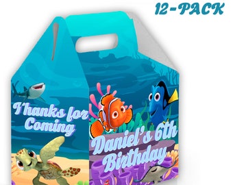 Finding Nemo and Dory Gable Candy Box - 12Pack - 4.4x4.5x3in - Customizable with Name and Age - Birthday Party Favors and Supplies for Kids