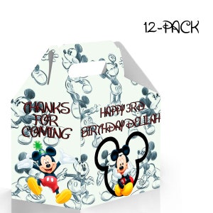 Boîte de bonbons Mickey Mouse anniversaire pignon - Lot de 12 - 4,4 x 4,5 x 3 pouces - Personnalisable avec le nom et l'âge - Accessoires et accessoires de fête Mickey