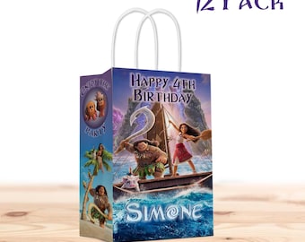 Moana 2 Gift Favor Bags with Handles - 12pack – Customizable with Name and Age – Moana Party Decor and Party Supplies
