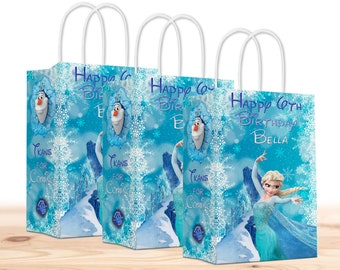 Princess Frozen Gift Favor Bags with Handles - 12pack – Customizable with Name and Age – Frozen Party Decor and Party Supplies